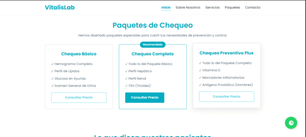 Plantilla Web Laboratorio Clínico : Paquetes y Horarios (HTML/CSS Adaptable)